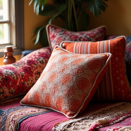 Collection de textiles de maison, coussins et tapis tissés à la main